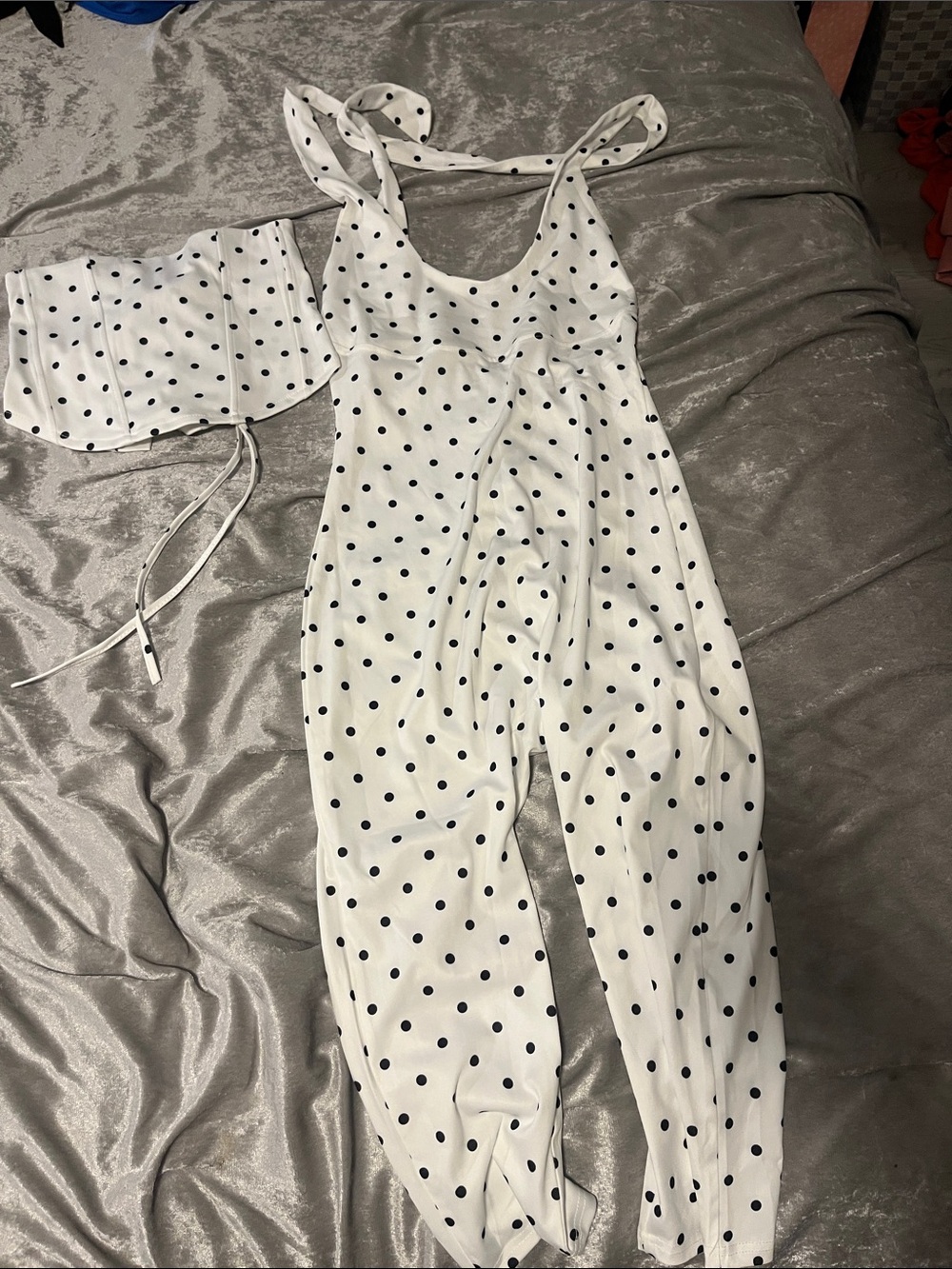 White Polka Dot Jumpsuit with Matching Waist Tie